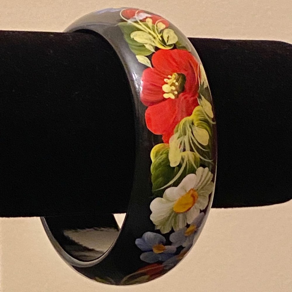 Rare Hand-Painted Ukranian Black Lacquer & Flowers Bracelet, 8" - Picture 2 of 9